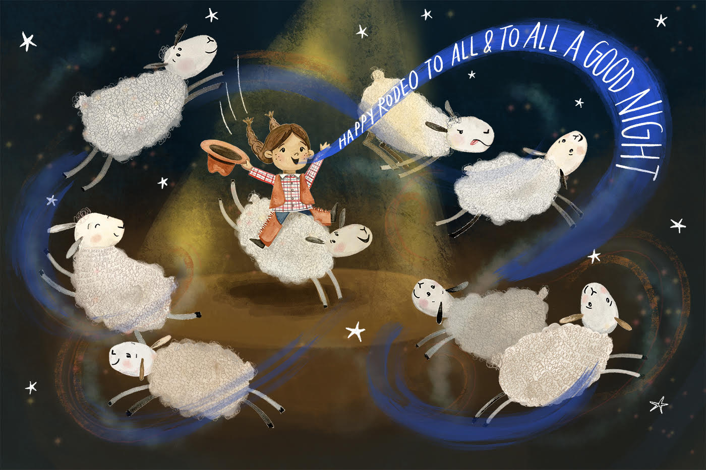 Illustration of a little girl mutton busting in her dreams the night before the rodeo.