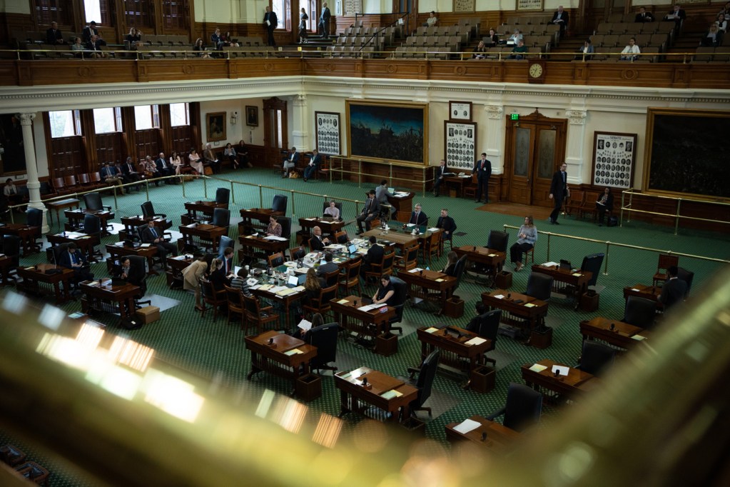 View of the Texas Senate chamber from above the floor.