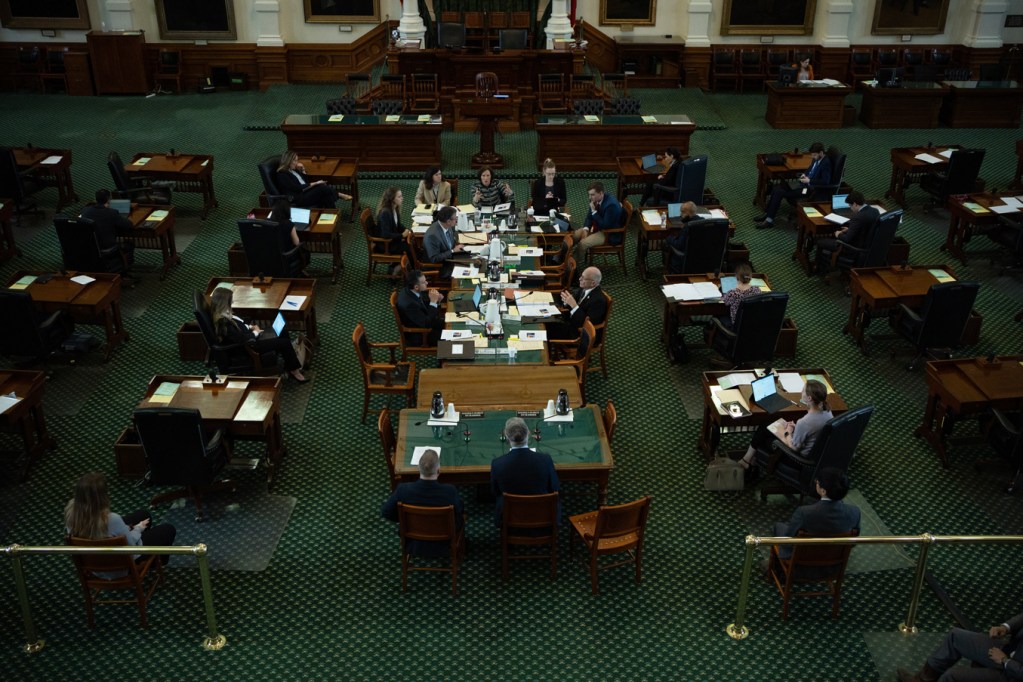 Texas state Sen. Lois Kolkhorst, center, presents Senate Bill 26 in the Texas Senate Chamber on March 22, 2023 in Austin.
