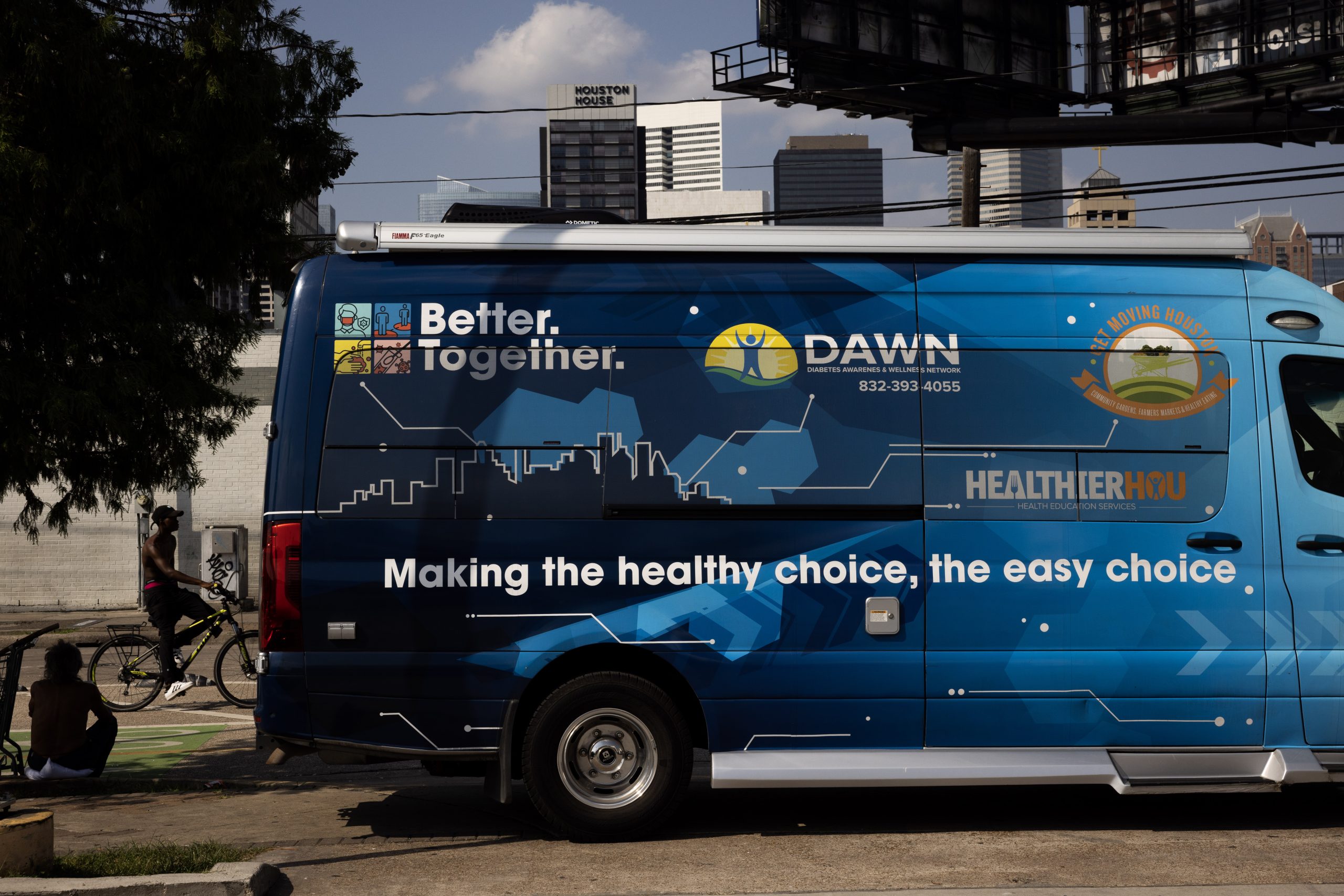 A mobile health clinic bus in Houston