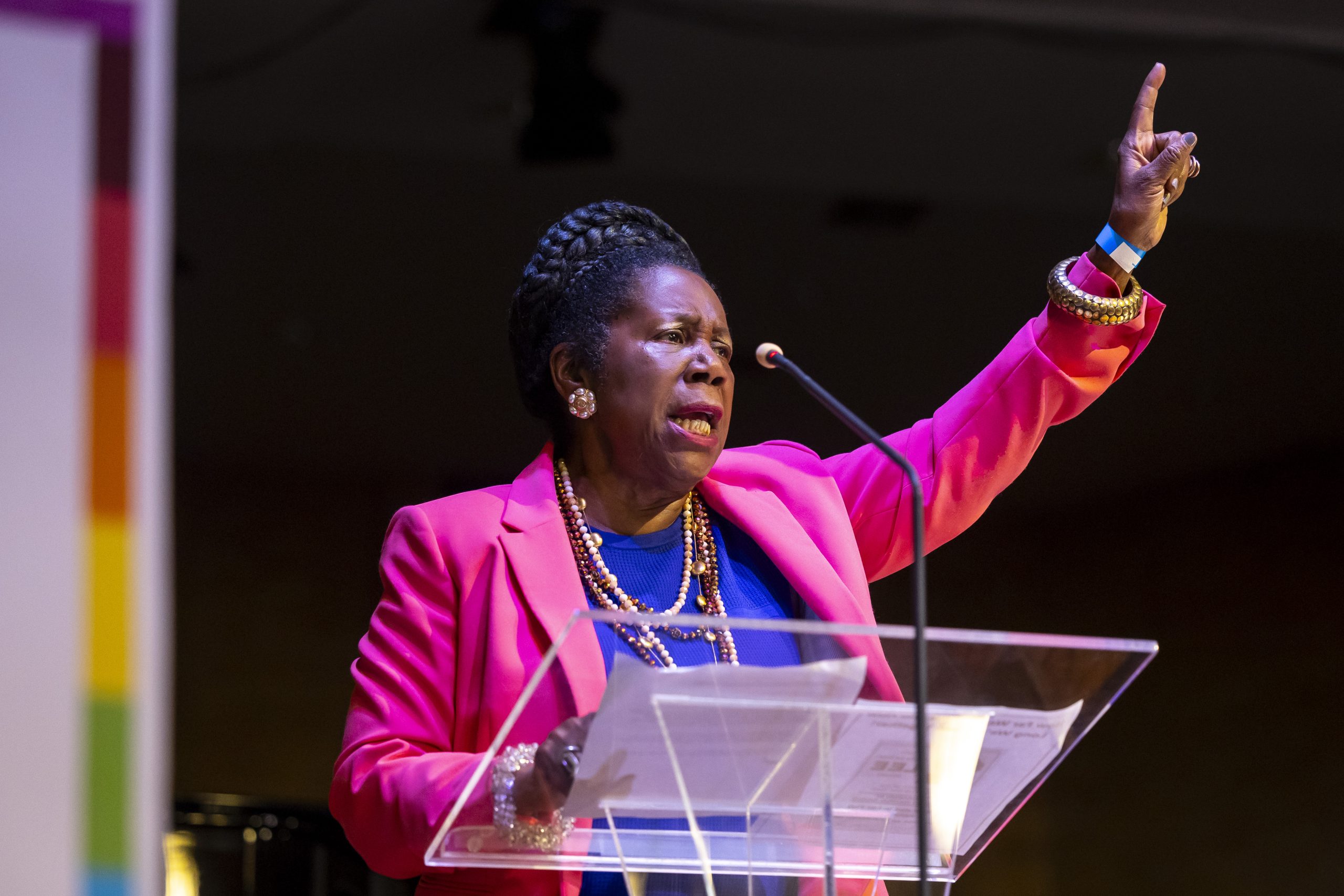 Houston mayoral candidate and U.S. Rep. Sheila Jackson Lee speaks during the LGBTQ+ Political Caucus' endorsement meeting in August.