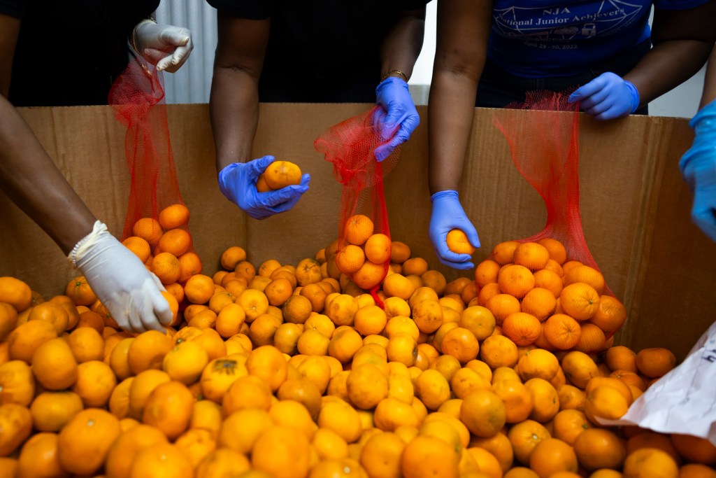 Volunteers bag oranges at the Houston Food Bank on
Saturday