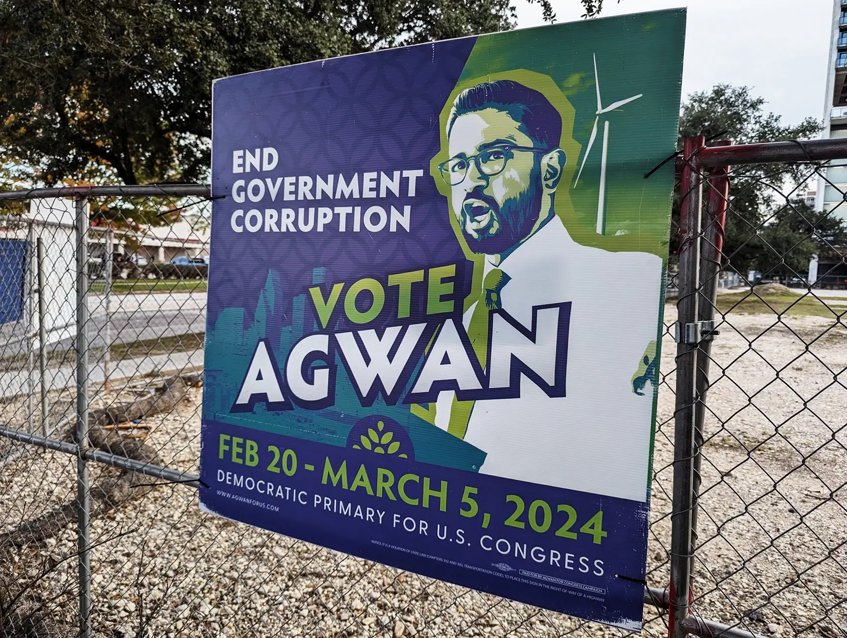 A campaign sign for congressional candidate Pervez Agwan in Houston. A former campaign worker sued Agwan alleging he sexually assaulted her.