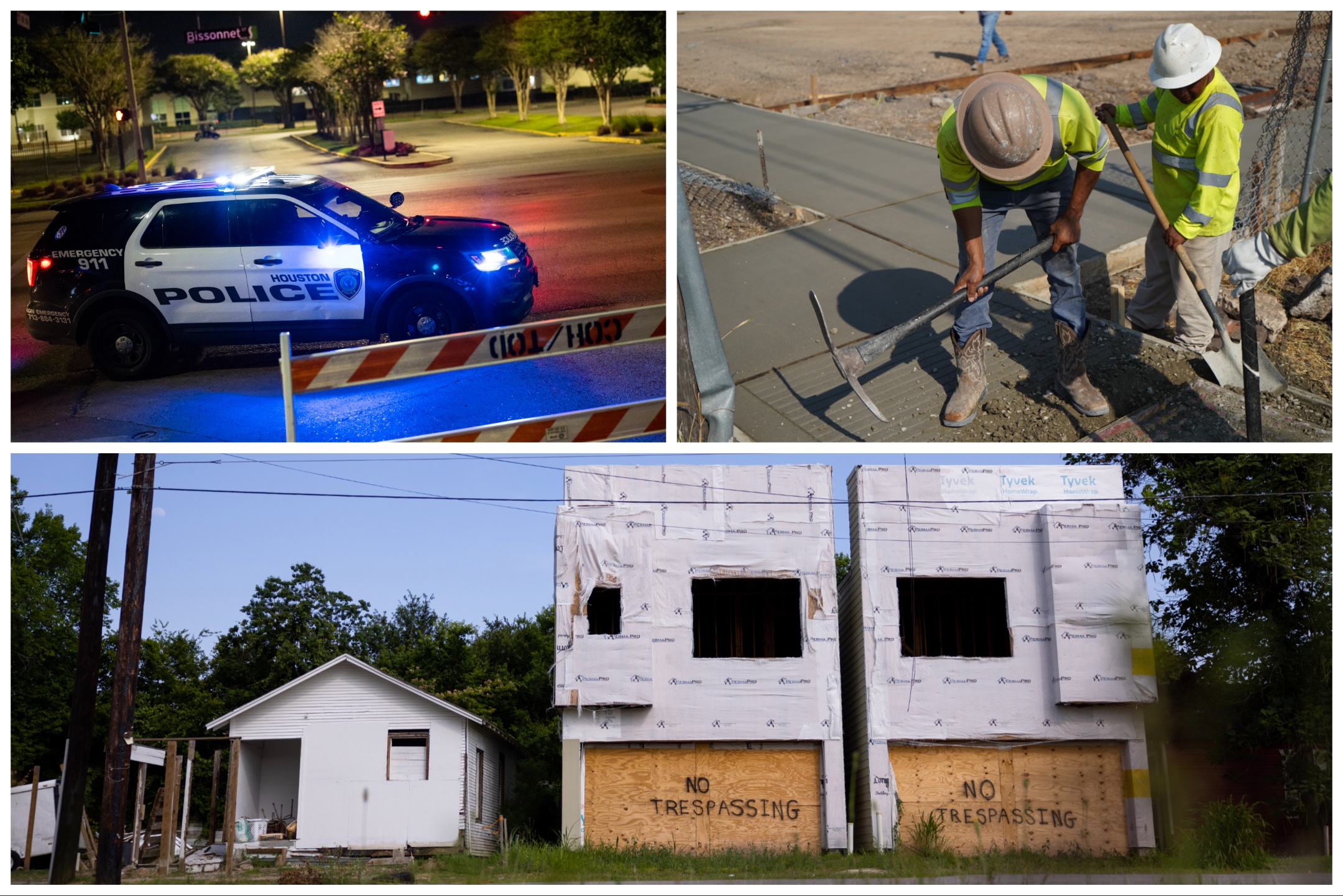 A Houston police cruiser, city workers and vacant housing.