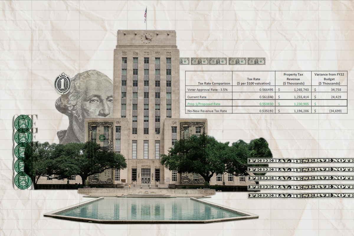 Illustration with the Houston city hall at its center.