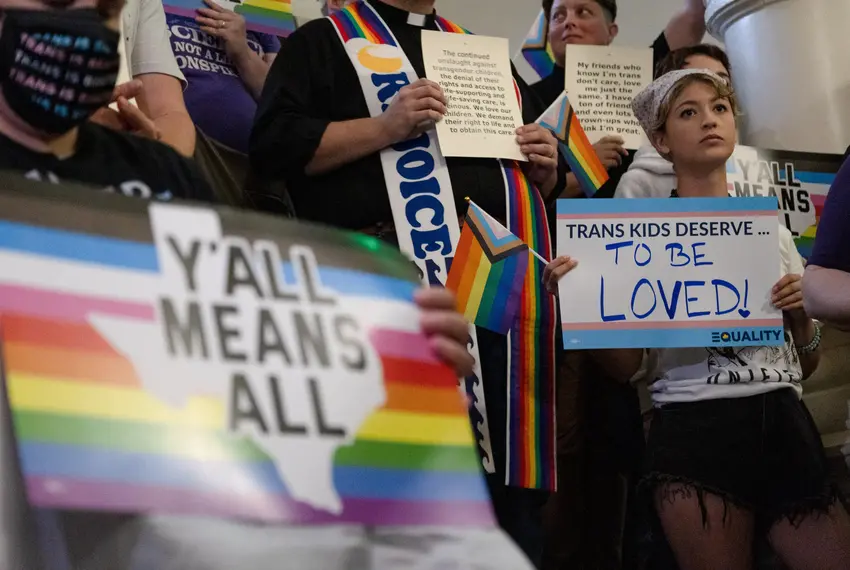 People gather in the state Capitol on May 12 to protest Senate Bill 14, which bans puberty blockers and hormone therapies for transgender youth.