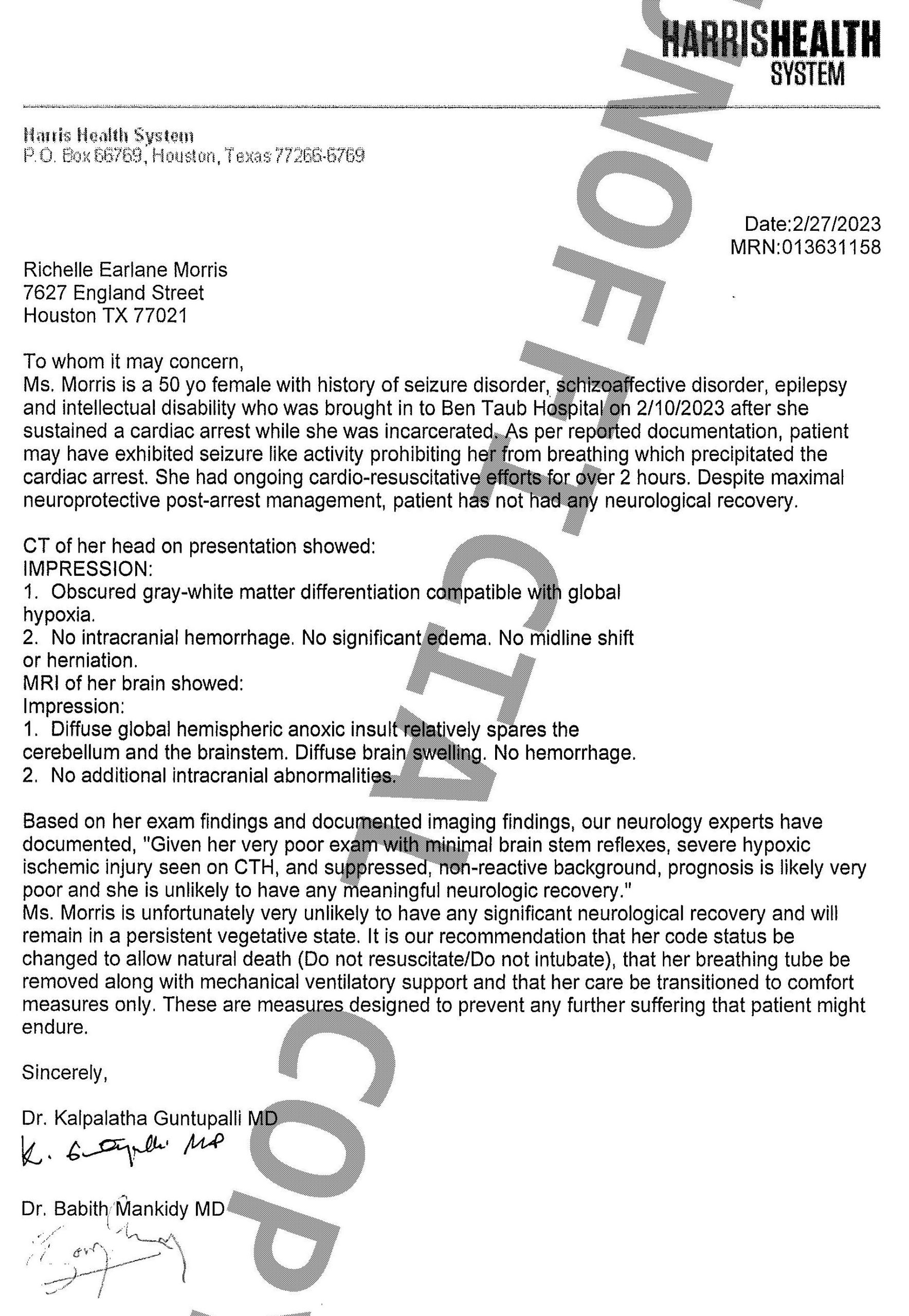 A letter submitted to a Harris County probate court from doctors who oversaw Richelle Morris' case in February. The doctors recommended that Richelle's breathing tube be removed because she was unlikely to recover.