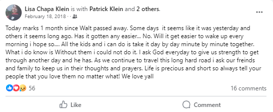 Facebook post about the loss of Walt Klein