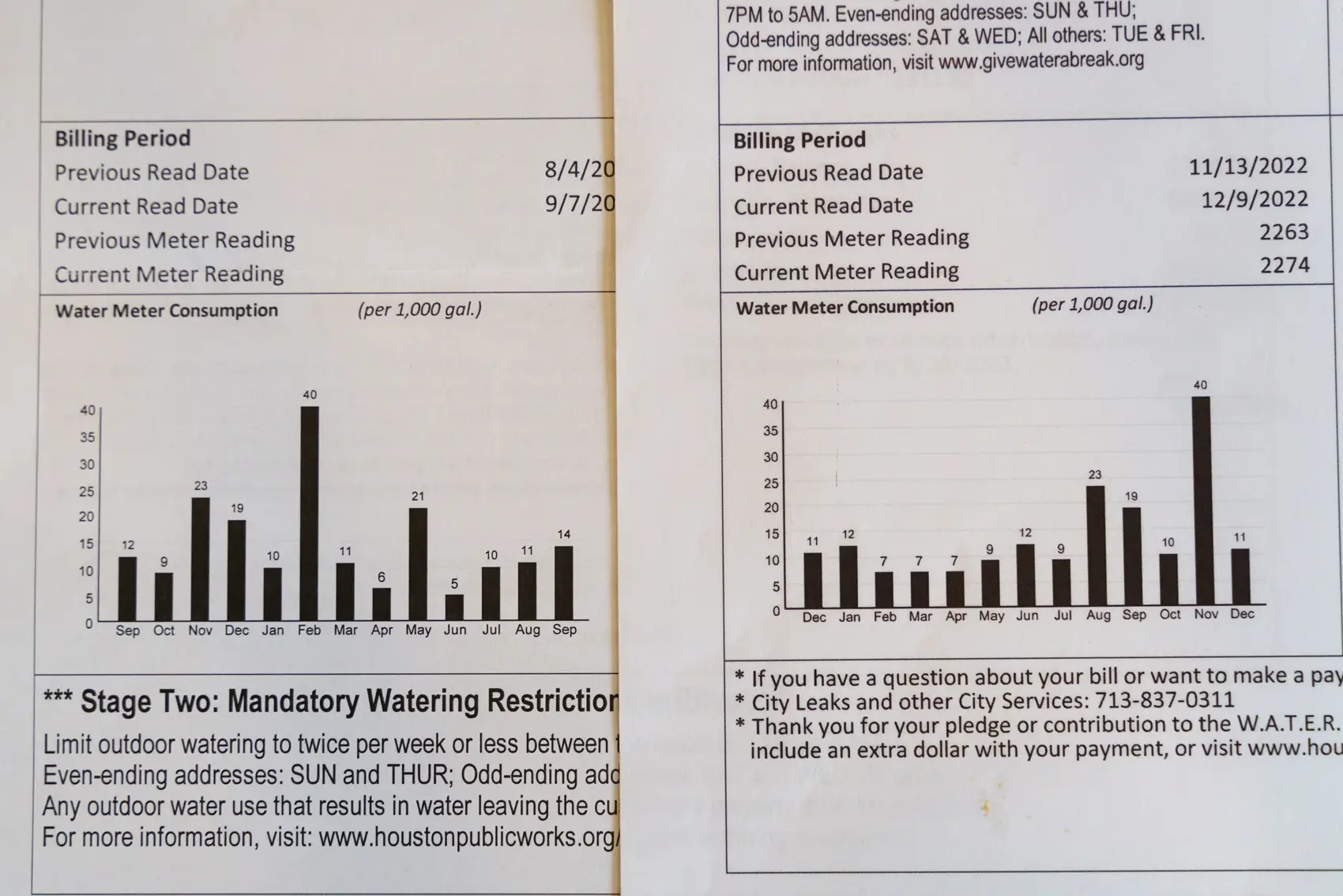 Conflicting water meter consumption graphs from two of J.C Davenport’s water bills. The first chart claims his water usage skyrocketed in February. But the next bill shows that same usage occurred in November. Similar discrepancies appeared in other months. (Joseph Bui for Abdelraoufsinno)