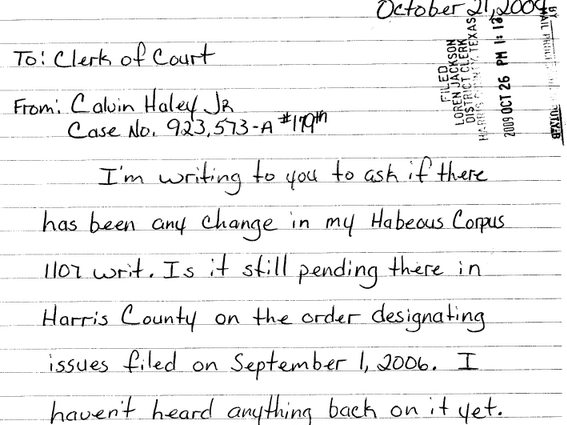 Letter from Calvin Haley to Harris County District Clerk