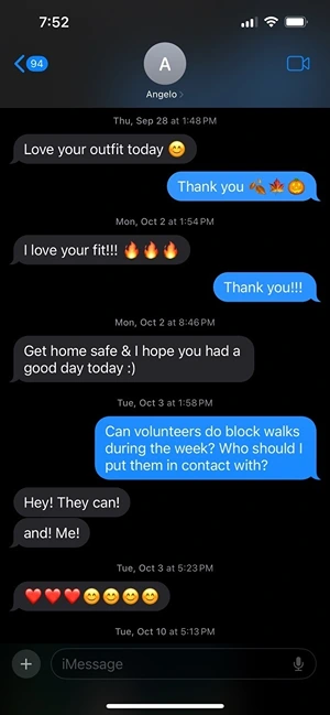 Organizing Director Angelo Perlera sent compliments about a staffer's appearance and heart emojis in this text conversation with one of the campaign's employees.