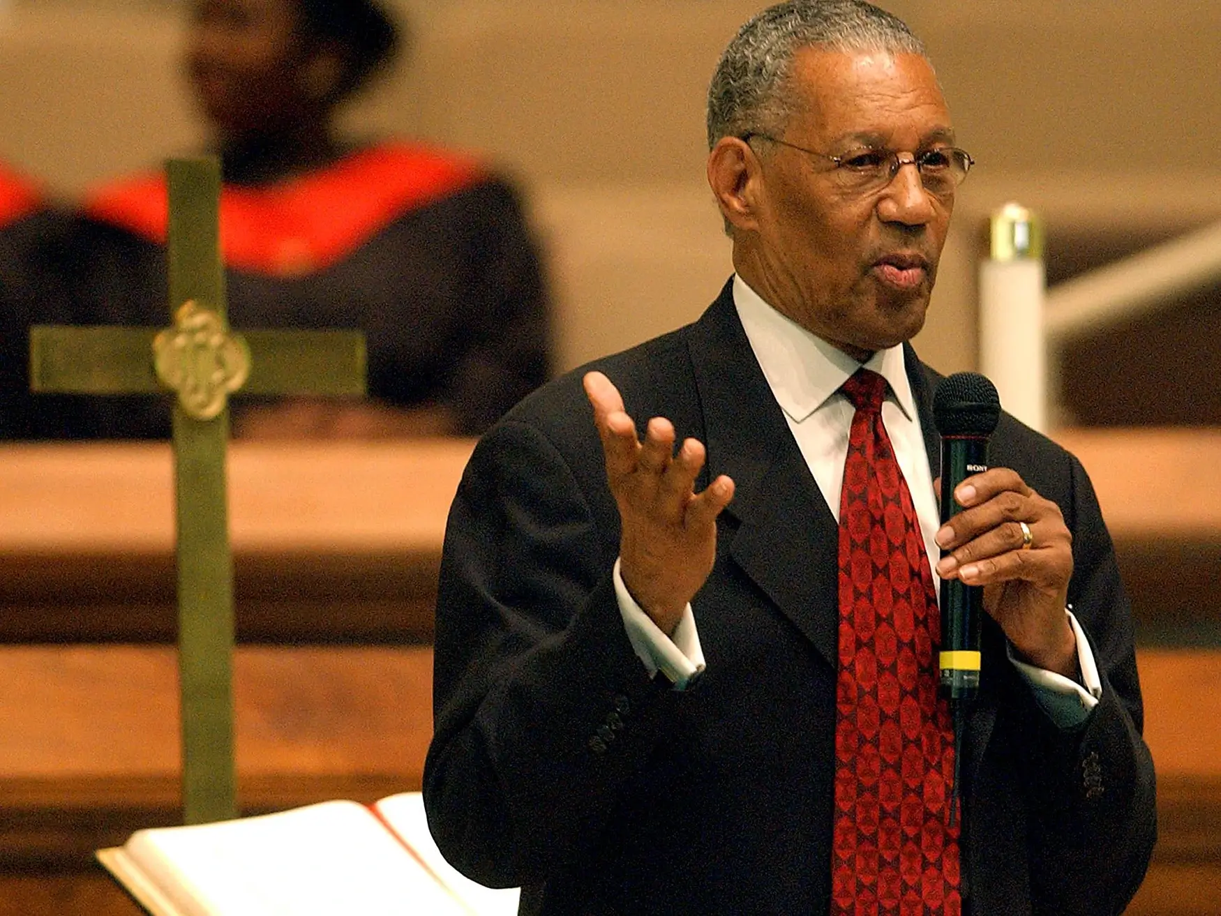 The Rev. William Lawson, of Wheeler Street Baptist Church in Houston, addresses an ecumenical service to commemorate the 50th anniversay of the Brown v. Board of Education Supreme Court decision Sunday, May 16, 2004, at First United Methodist Church in Topeka, Kan.